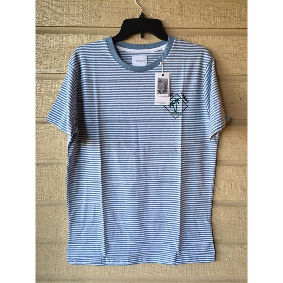 Denim & Flower men Ricky Singh Blue White Stripe Aloha Hawaii T Shirt sze Medium - Picture 2 of 11